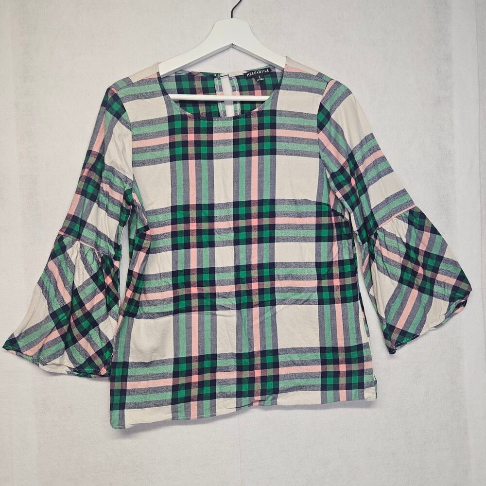 J. Crew Mercantile Green & Pink Plaid Flare Sleeve Top Size 2 Preppy
